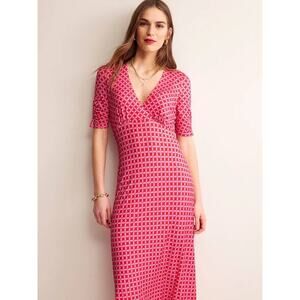 Boden Pink Print Midi Tea Dress Plus Size 16 Stretch Work Office